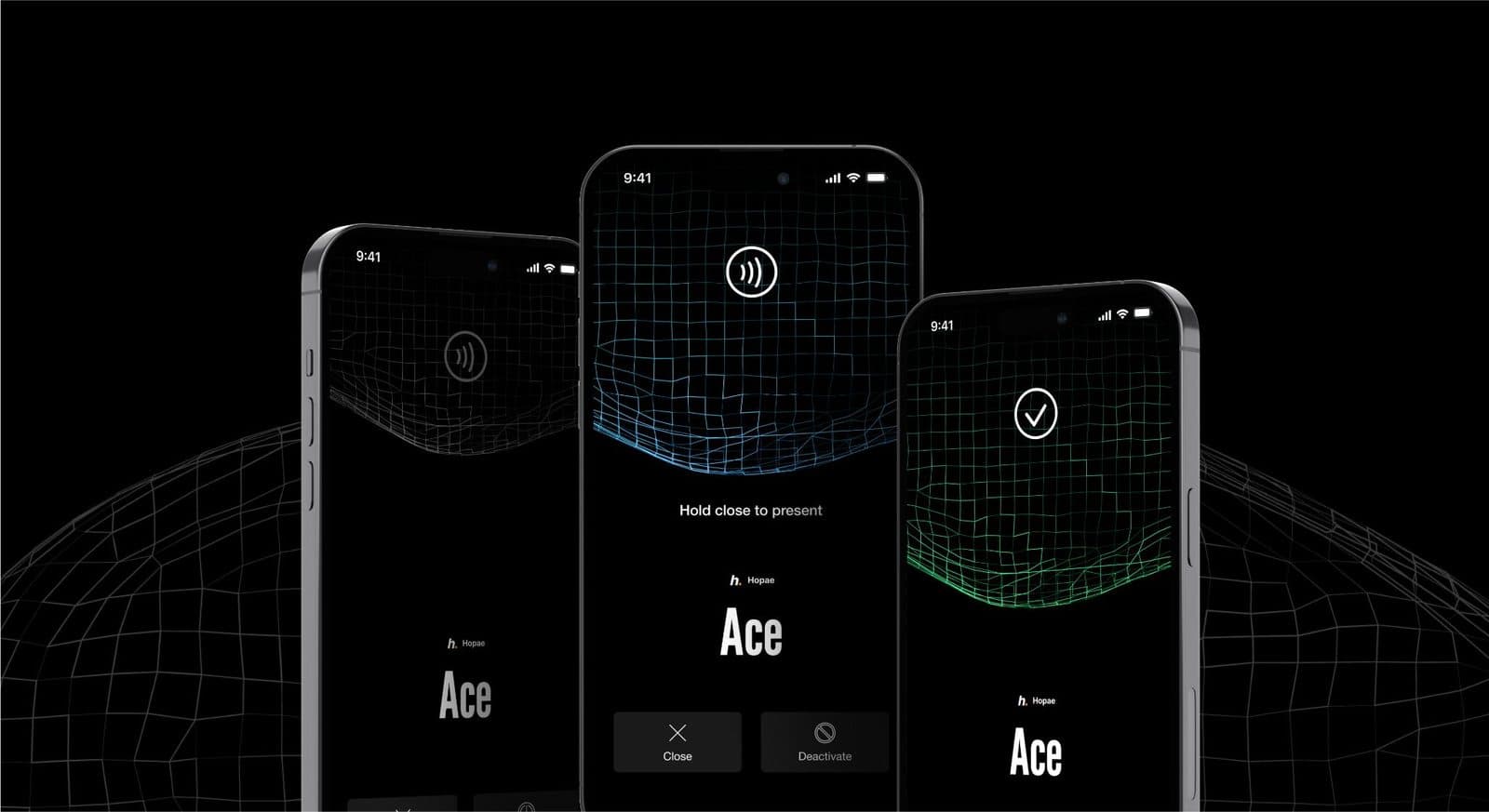 Three phones showing the PlayID tap-to-present verification flow